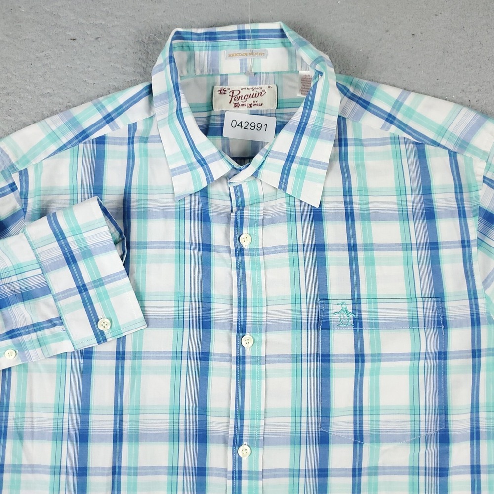 Original Penguin Mens XL Blue Plaid Button Up Shirt Heritage Slim Fit LS